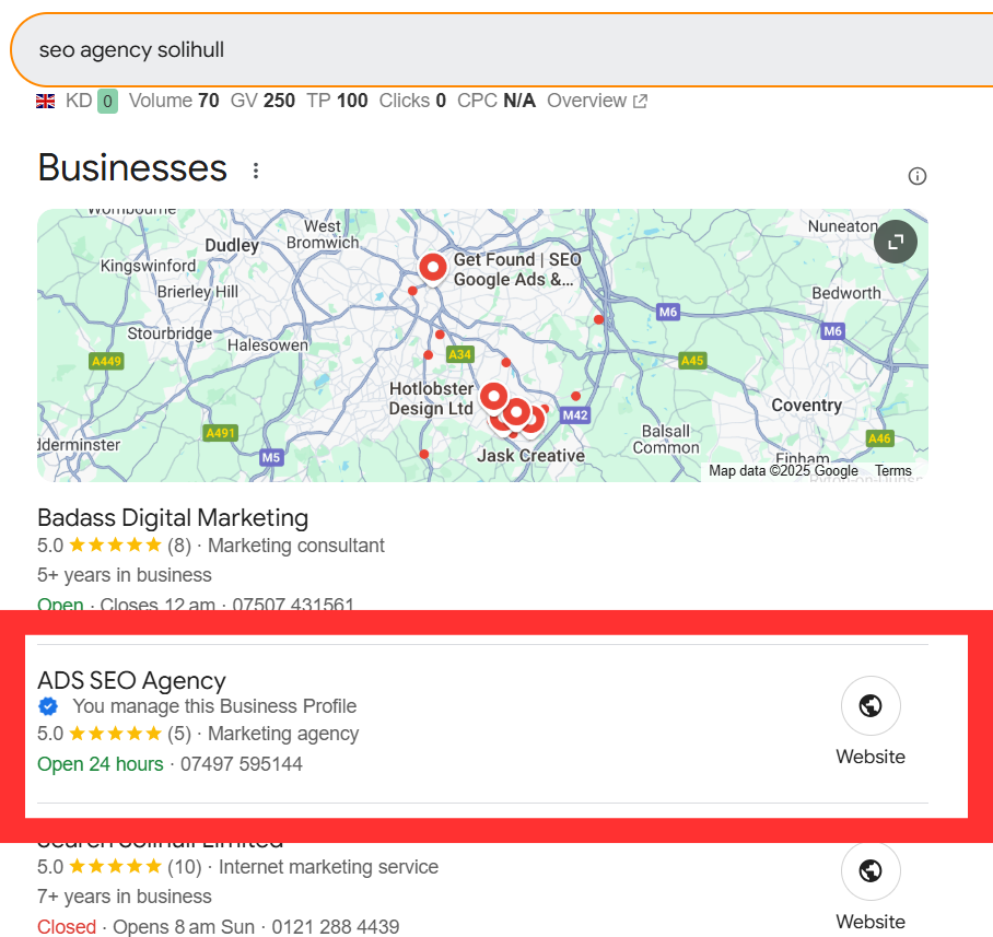 ADS SEO Agency ranked in the top 3 Google Maps results for the search term "SEO Agency Solihull"