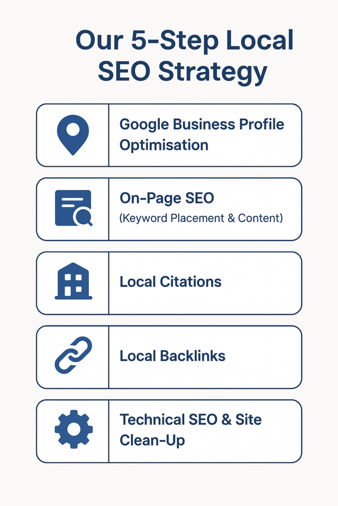 Infographic showing the 5-step local SEO strategy used by ADS, including Google Business Profile optimisation, on-page SEO, local citations, backlinks, and technical SEO.